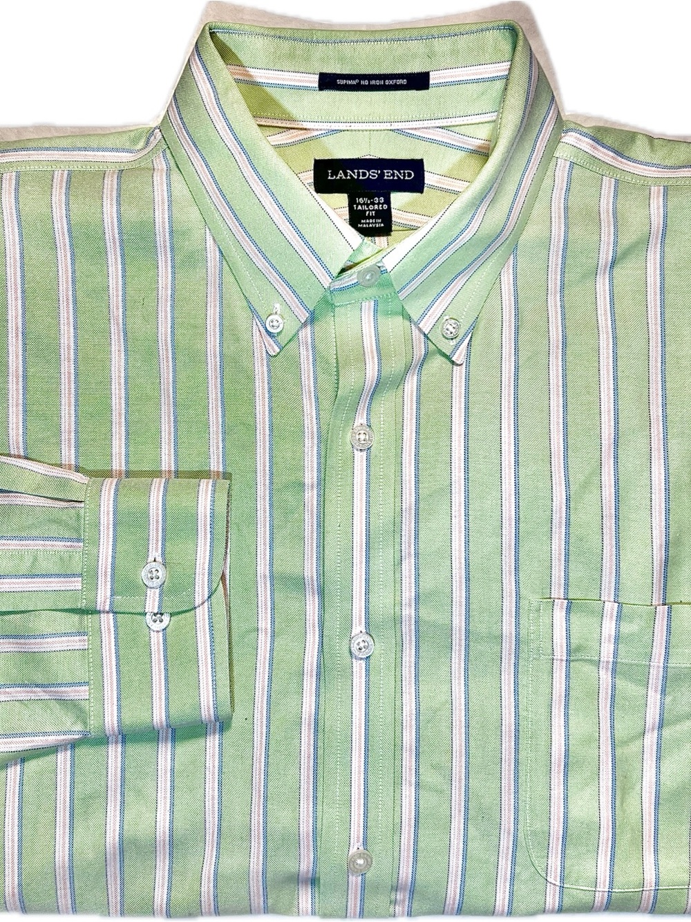 Lands’ End Supima No Iron Oxford Shirt Men’s 16.5 33 Tailored Fit Green Stripe